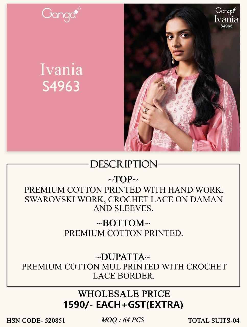 IVANIA 4963 Series By Ganga Fashion Beautiful Festive Suits Stylish Colorful Fancy Casual Wear & Ethnic Wear PREMIUM COTTON Dresses At Wholesale Price